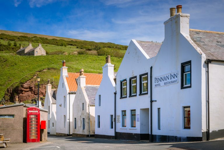 The coastal village of Pennan, Fraserburgh. Famed for being the location of the Bill Forsyth film, ’Local Hero’. It consisting of a small harbour and a single row of homes, including a hotel. It lies on the north-facing coast and is about one hour's drive from Aberdeen.