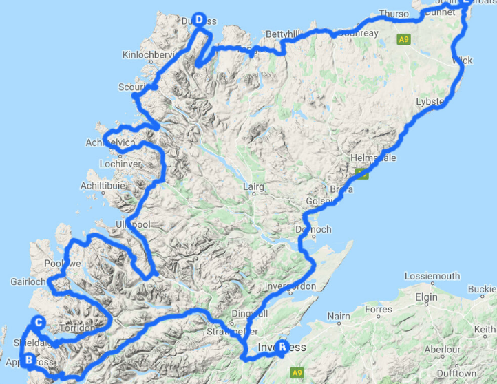 a road map detailing the NC500 route